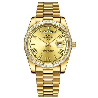 Gold wristwatch with a detailed face on a white background