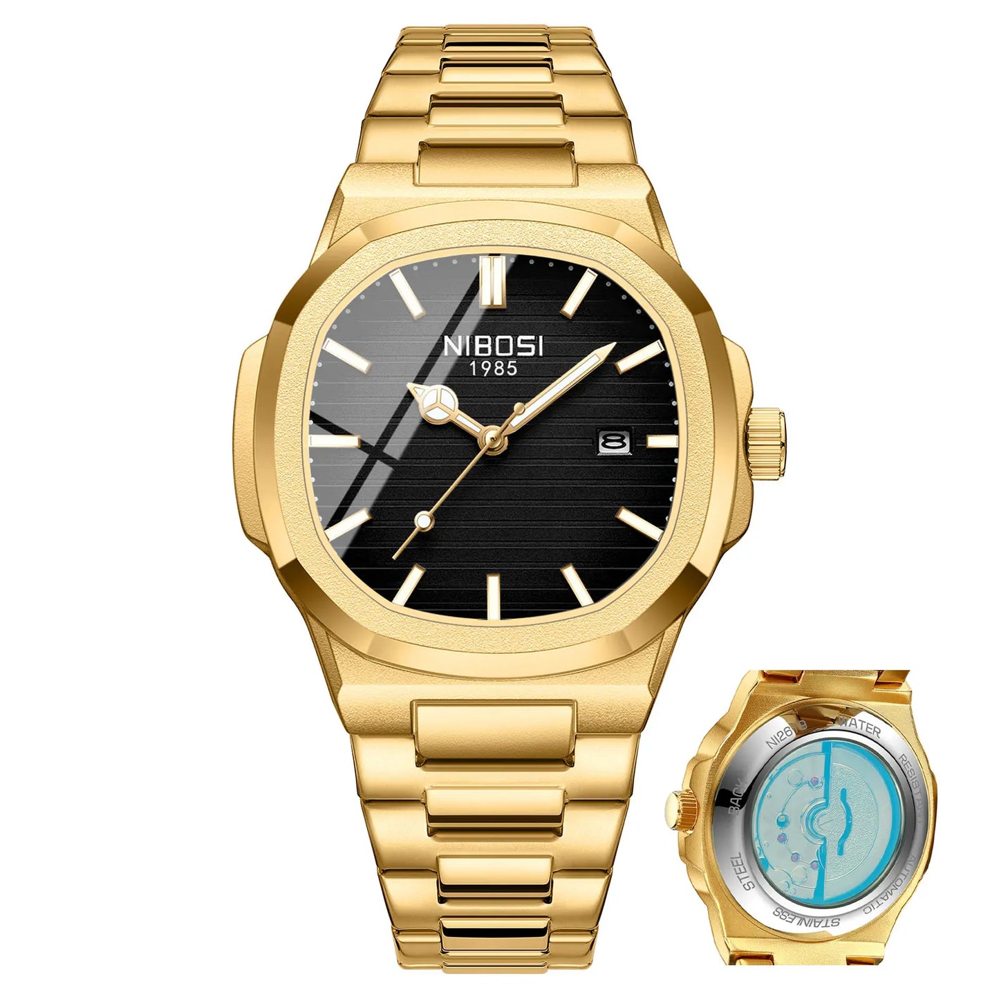 Gold wristwatch with black face and small additional watch on a white background