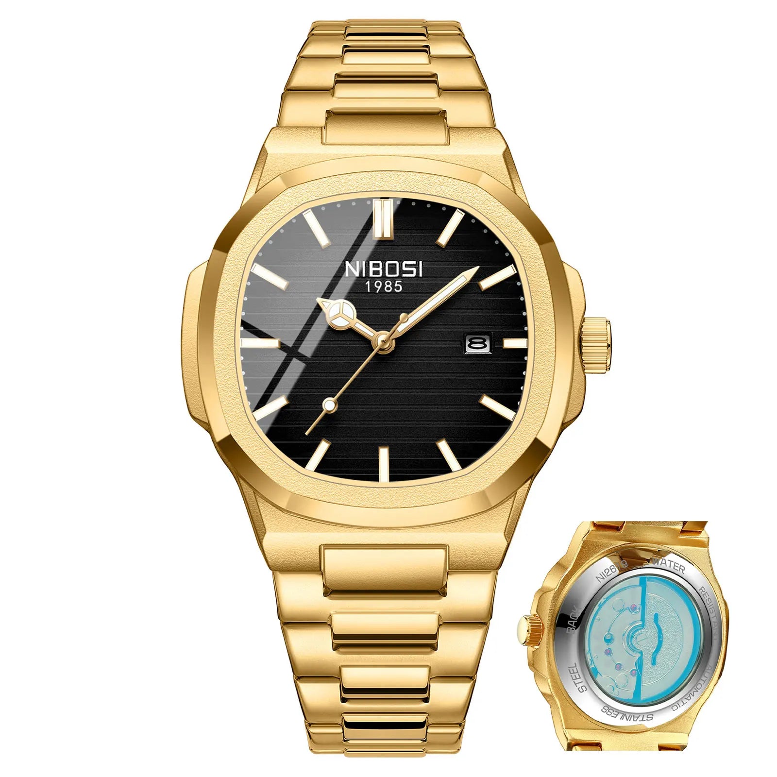Gold wristwatch with black face and small additional watch on a white background