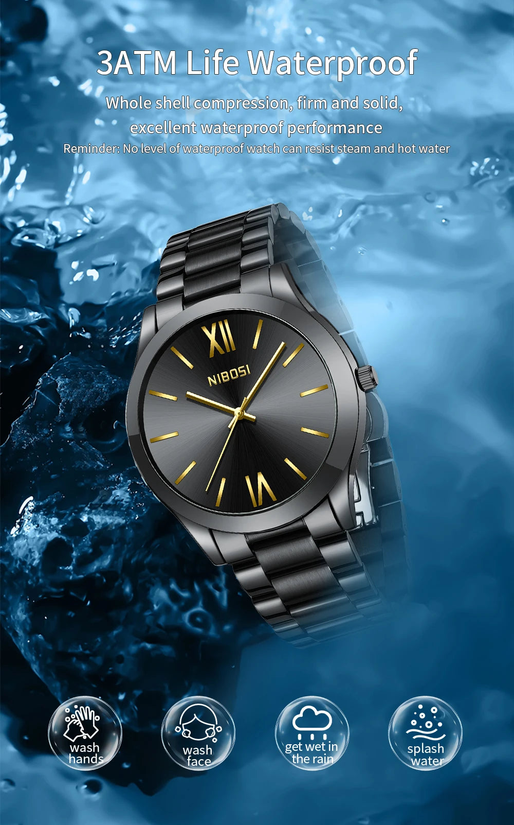 NIBOSI watch with black strap and gold accents on a blue water-themed background