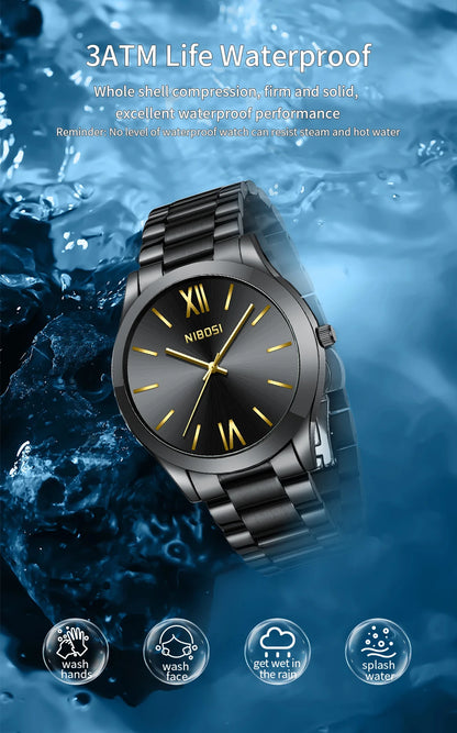 NIBOSI watch with black strap and gold accents on a blue water-themed background