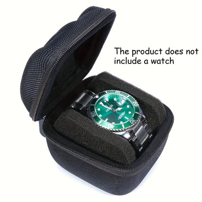Black watch case with a green watch face on a white background