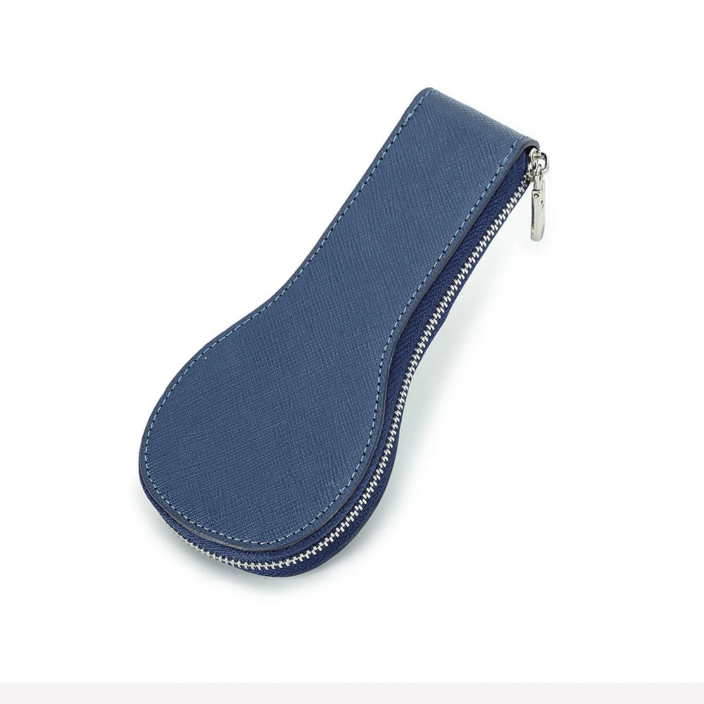 Blue zippered pouch on a white background