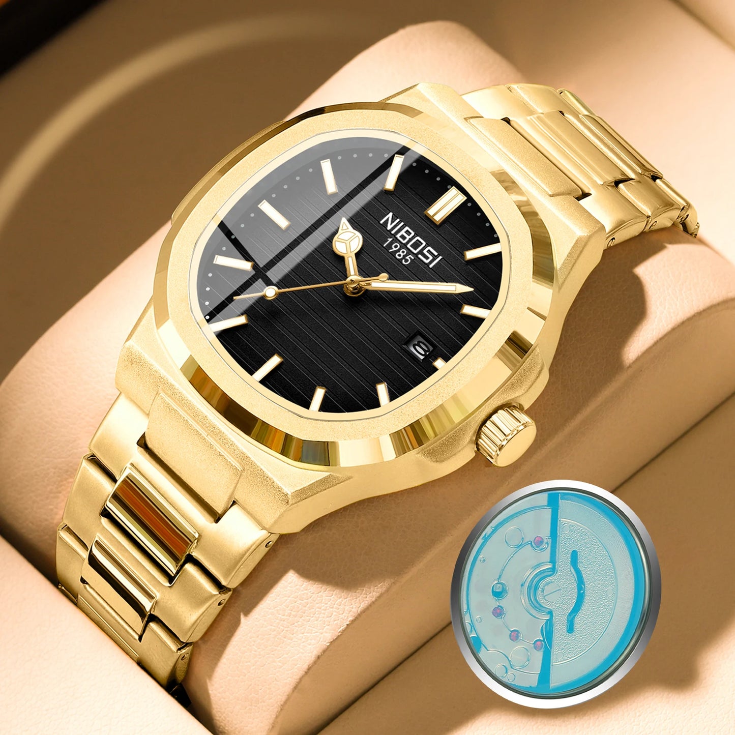 Gold wristwatch with black dial on a wrist, inset showing close-up of watch face.