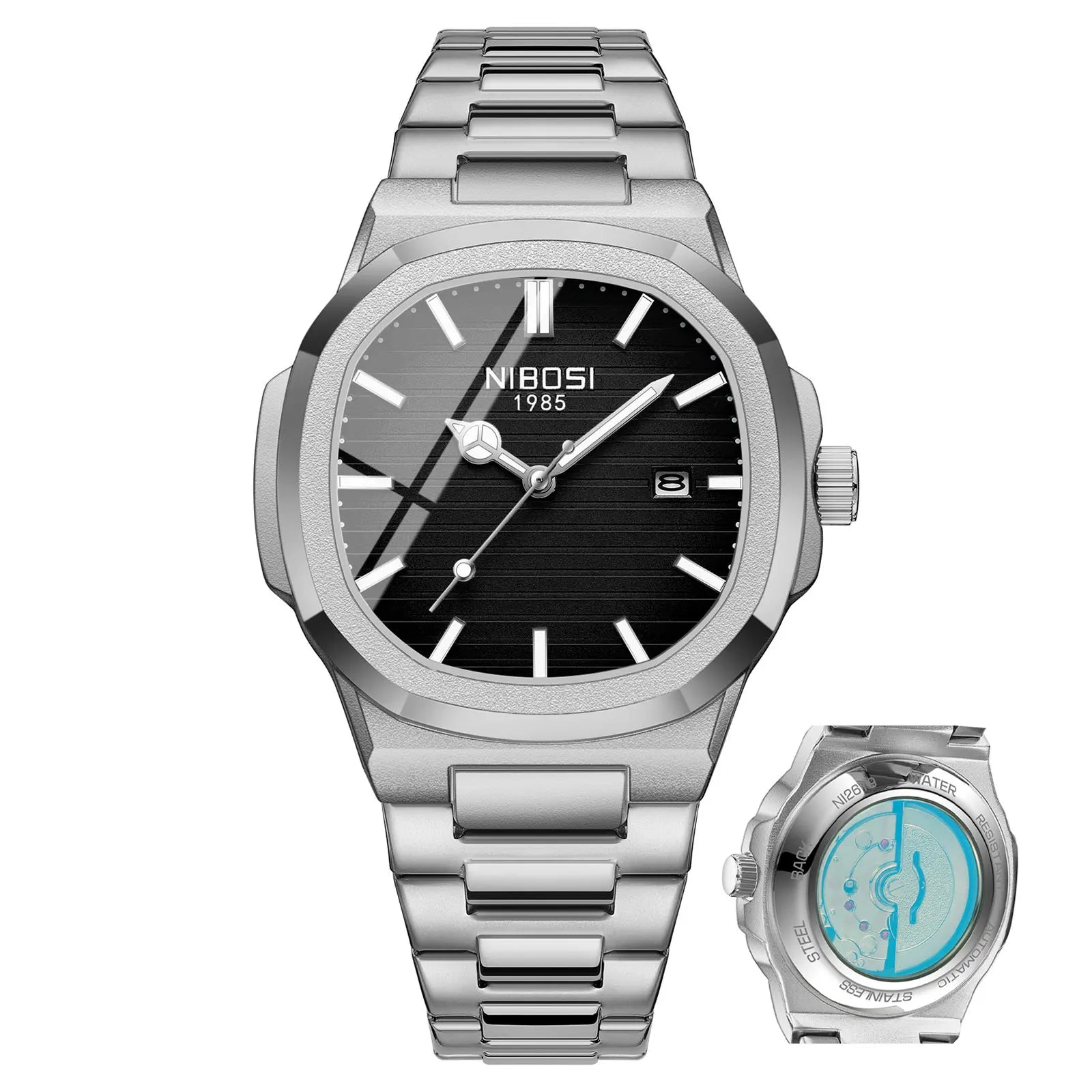 Silver watch with black dial and additional smaller watch on a white background, featuring the NIBOSI brand.