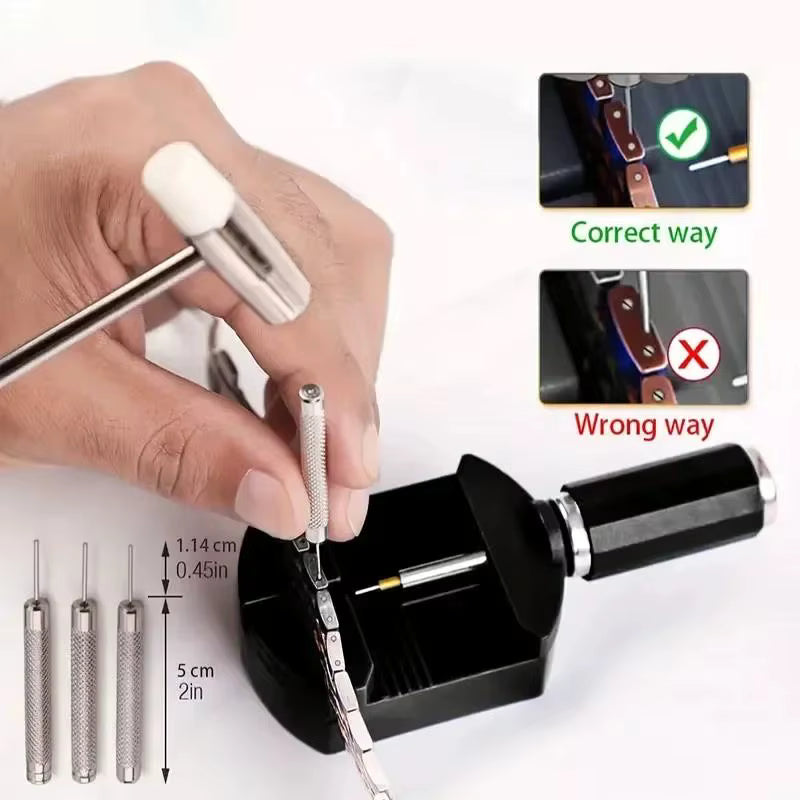 A close-up of a hand using a silver metal ring stretcher tool on a black stand, with inset diagrams showing the correct and incorrect ways to stretch a ring, plus size measurements and four interchangeable metal tips.