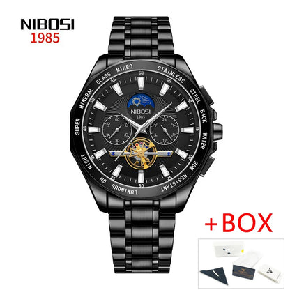 NIBOSI 2580 Tourbillon Watch – Gold Black Luxury Chronograph for Men