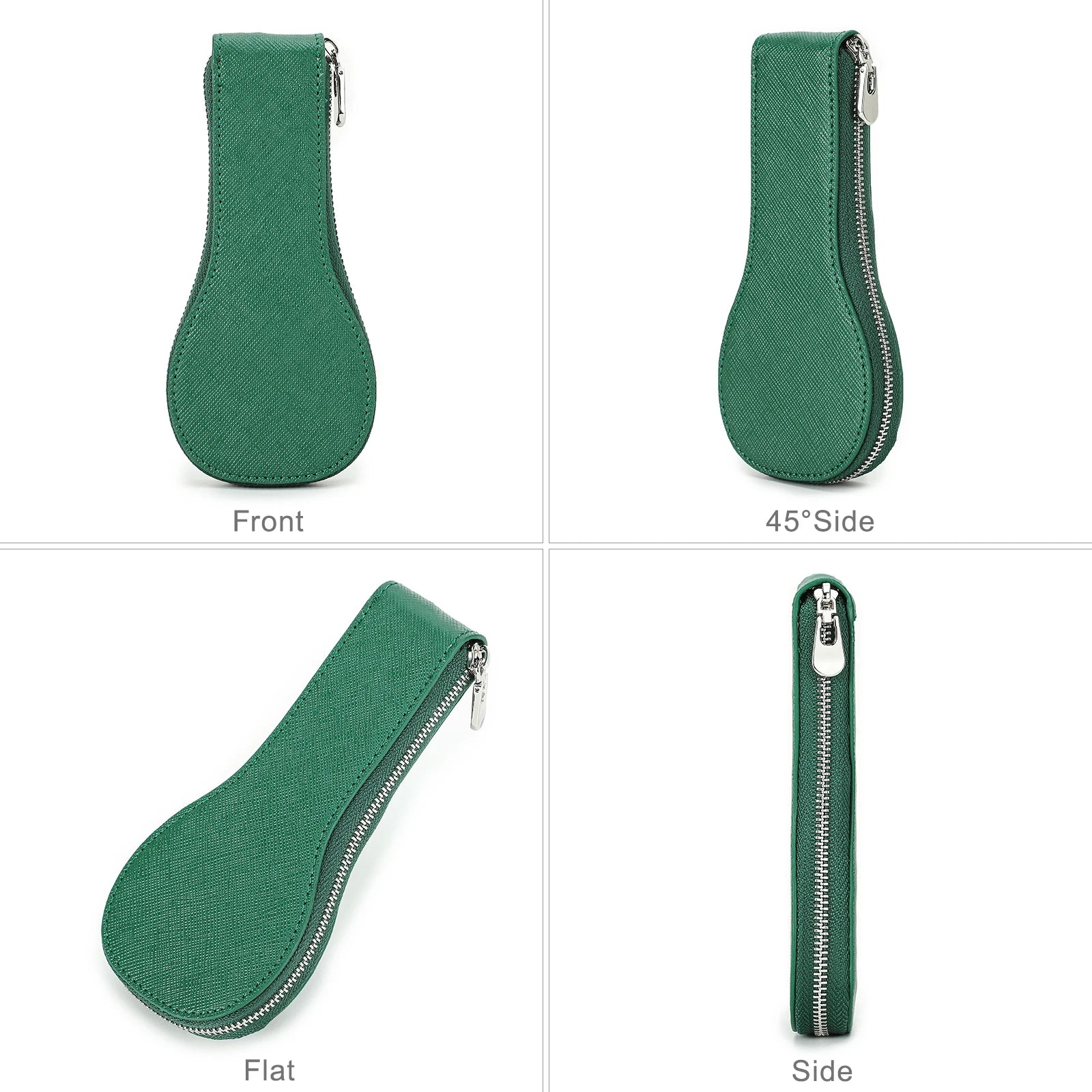 Green zippered pouch shown from multiple angles on a white background