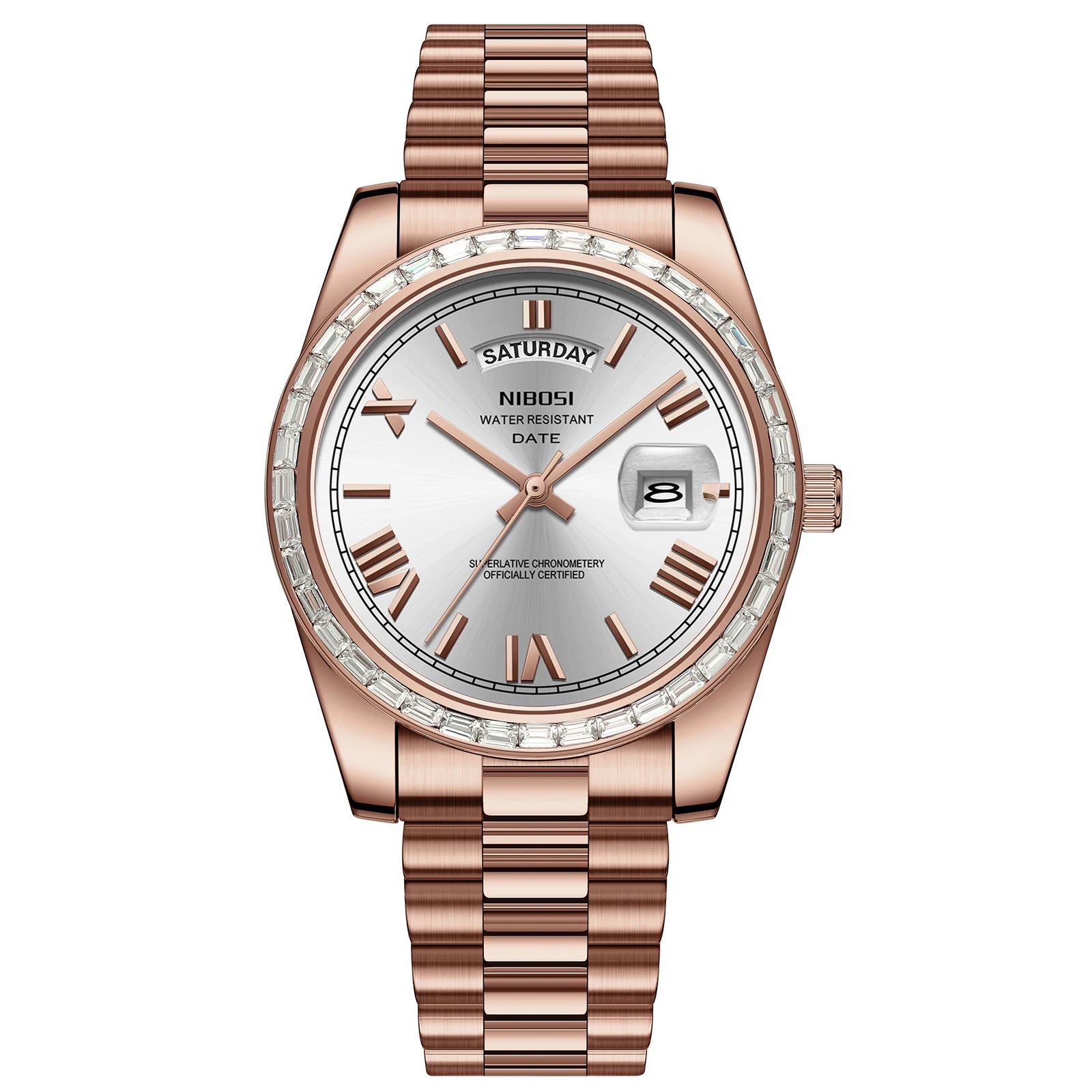 Rose gold watch with silver dial on a white background