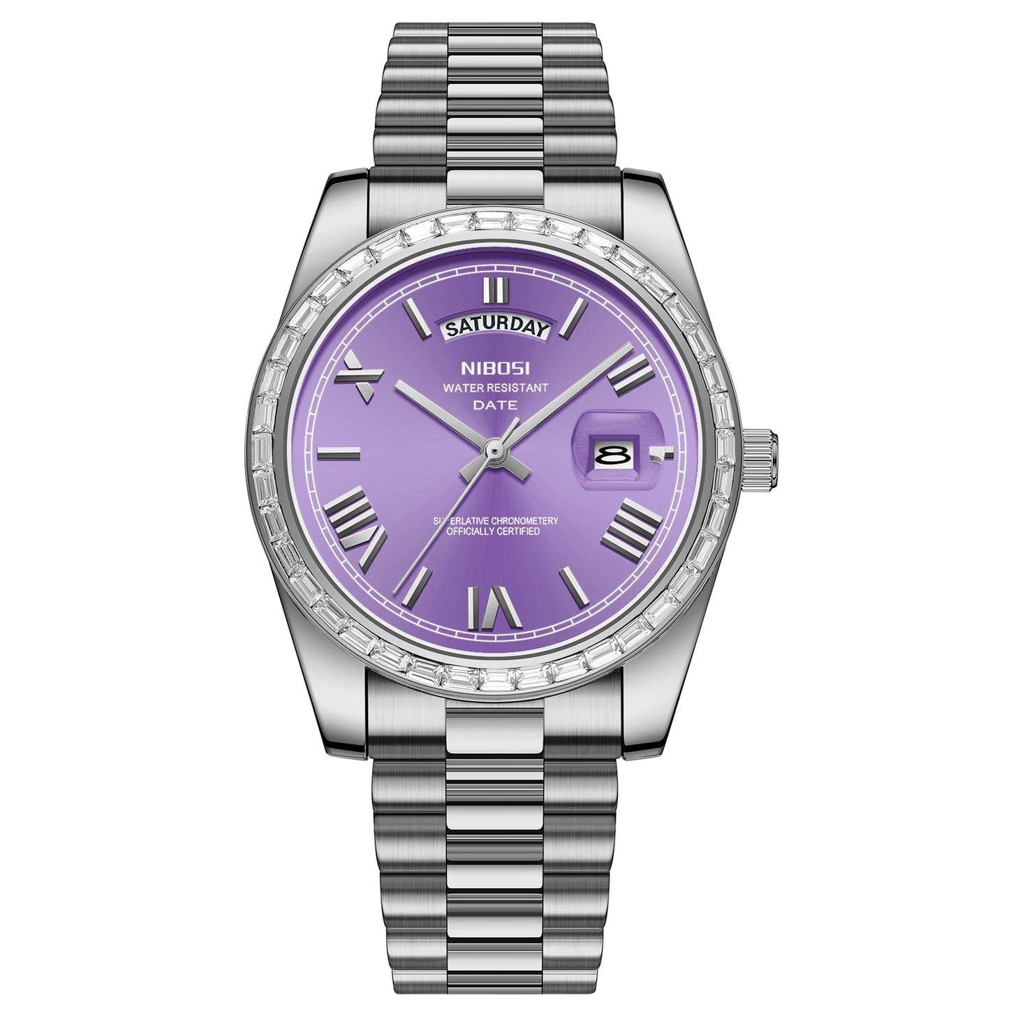 Silver watch with a purple face on a white background