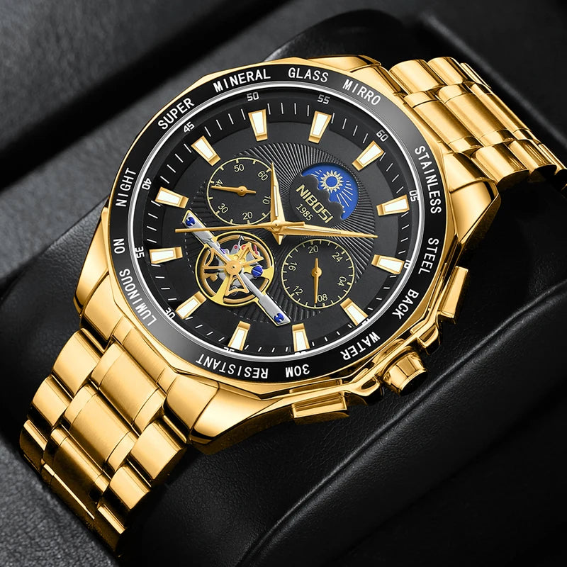 NIBOSI 2580 Tourbillon Watch – Gold Black Luxury Chronograph for Men