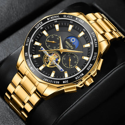 NIBOSI 2580 Tourbillon Watch – Gold Black Luxury Chronograph for Men