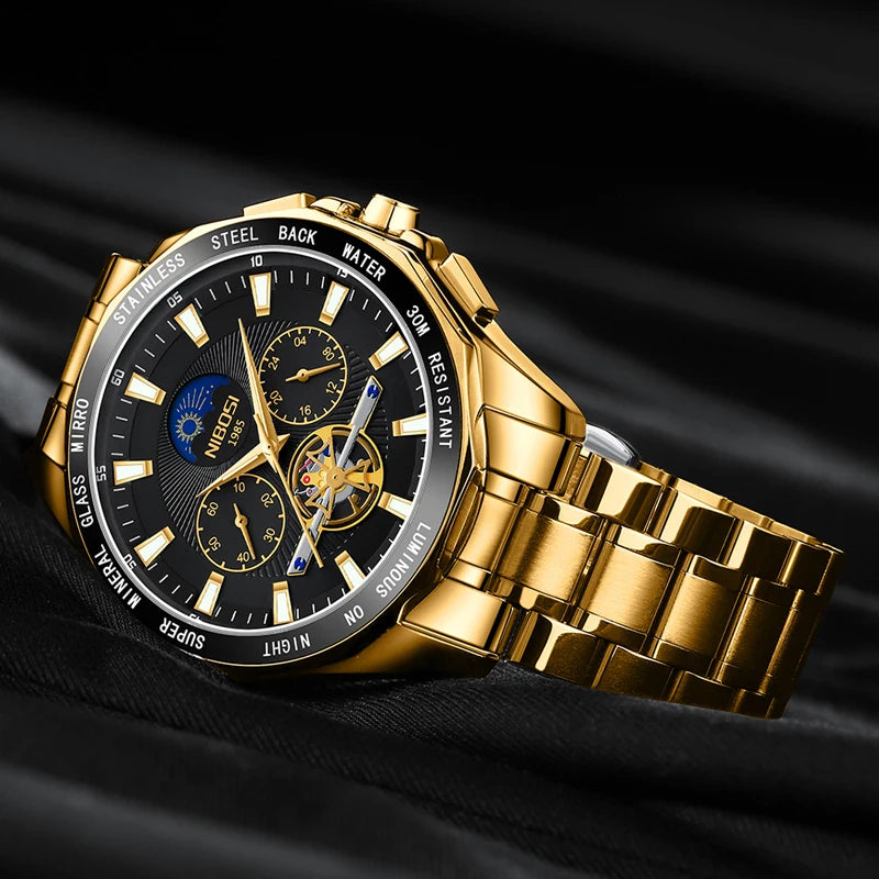 NIBOSI 2580 Tourbillon Watch – Gold Black Luxury Chronograph for Men