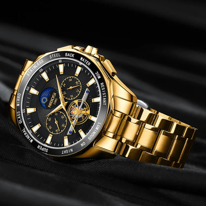 NIBOSI 2580 Tourbillon Watch – Gold Black Luxury Chronograph for Men