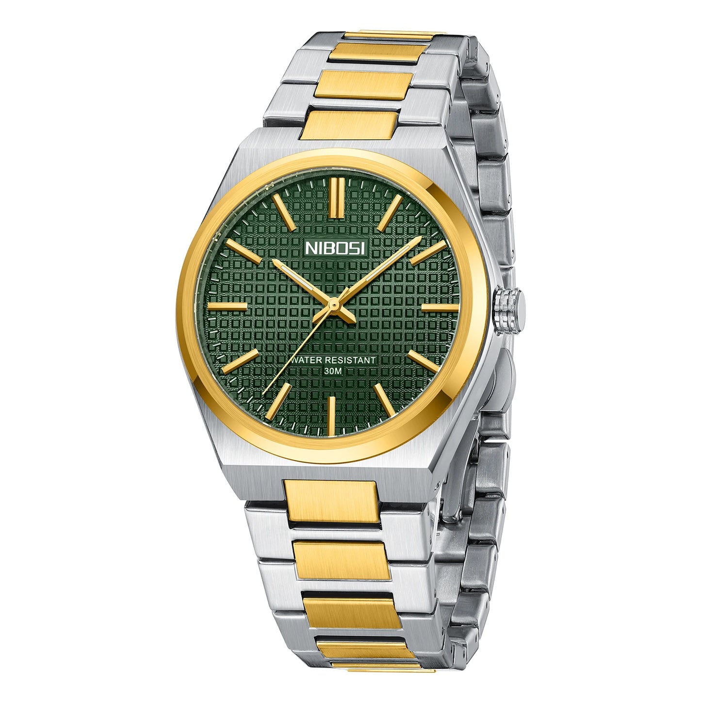 Two-tone silver and gold watch with green dial on a white background