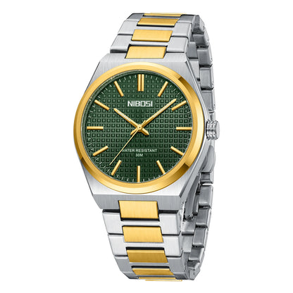 Two-tone silver and gold watch with green dial on a white background