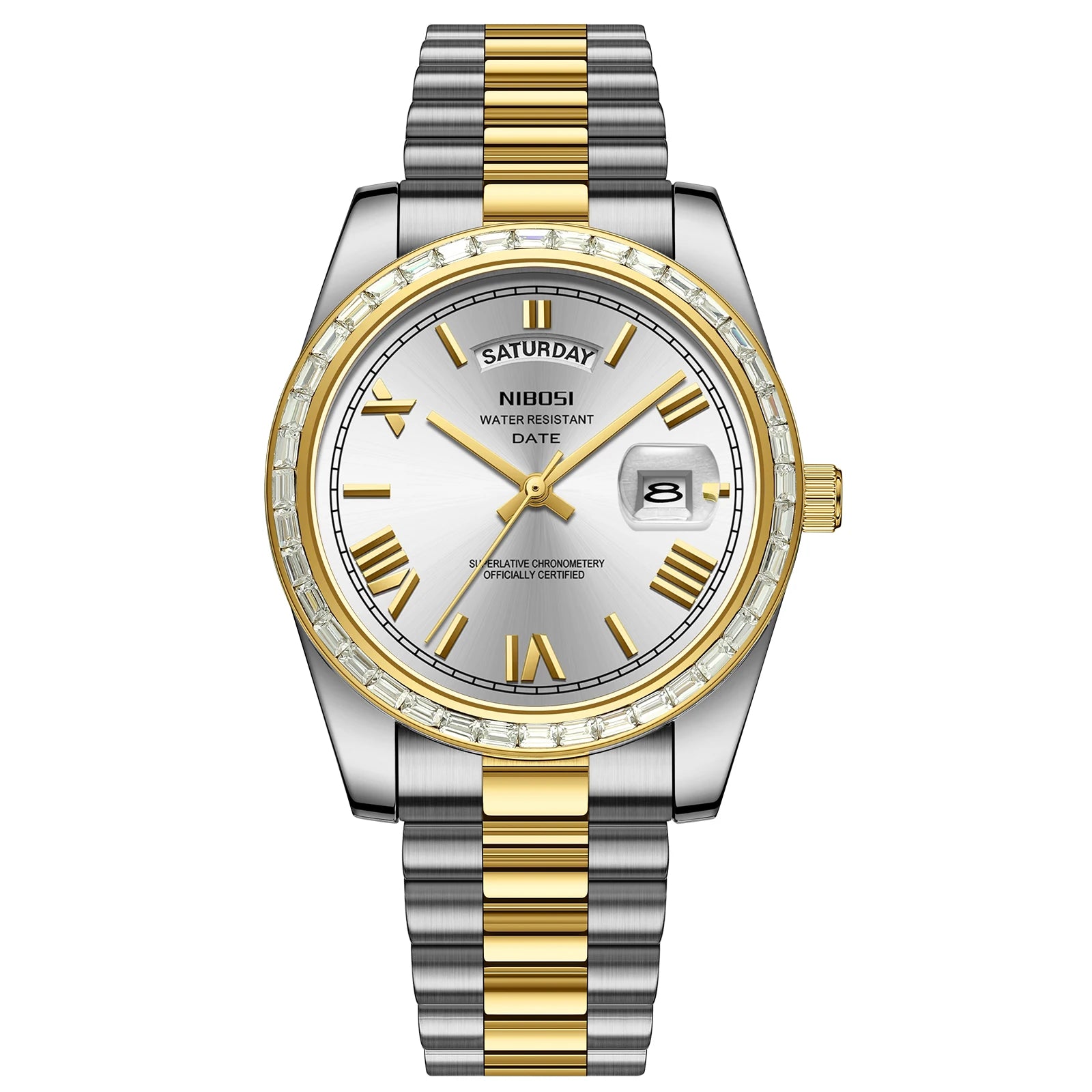 Two-tone silver and gold watch with a white face on a white background