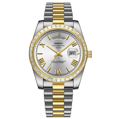Two-tone silver and gold watch with a white face on a white background