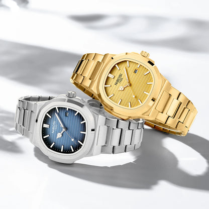 Two watches, one gold and one silver, on a light background