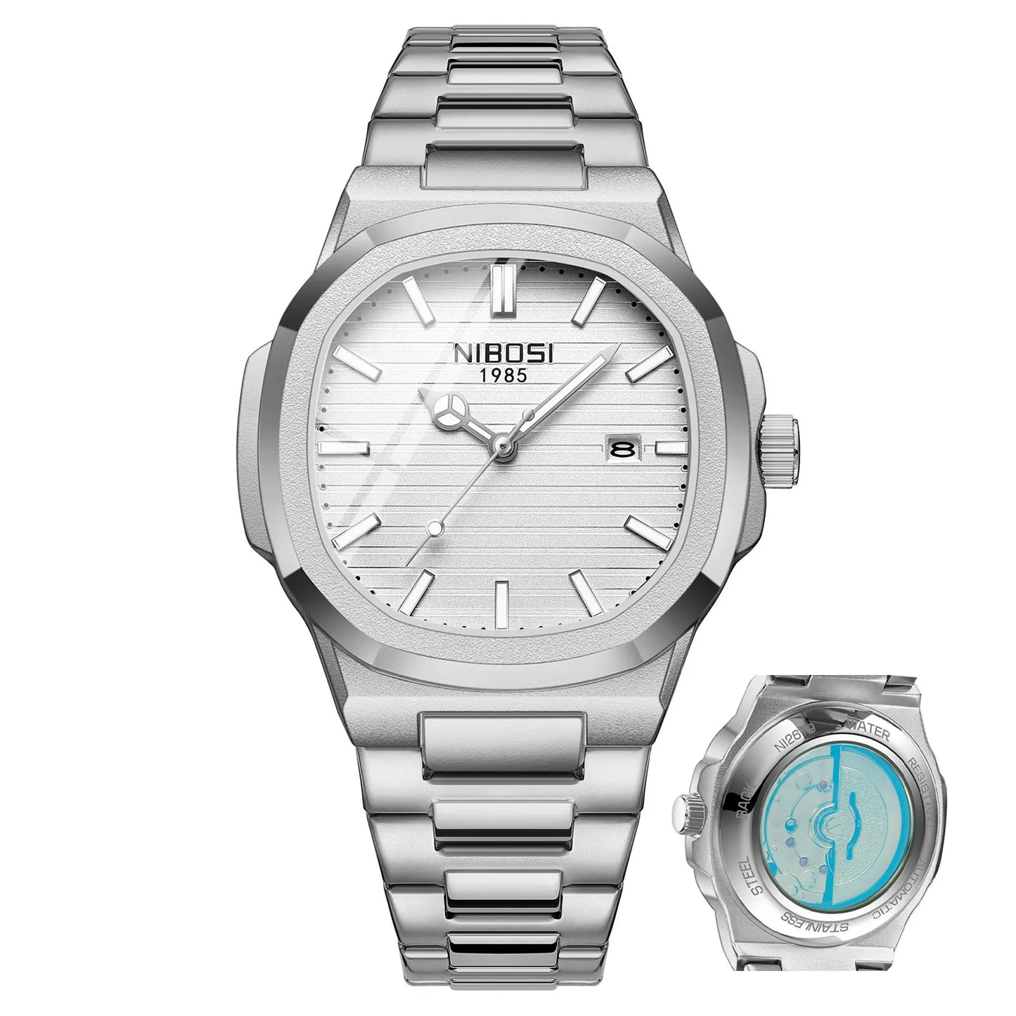 Silver watch with a smaller blue face on a white background, featuring the brand 'NIBOSI'.