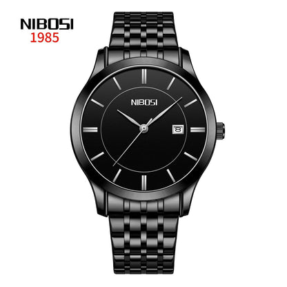Black wristwatch with NIBOSI branding on a white background
