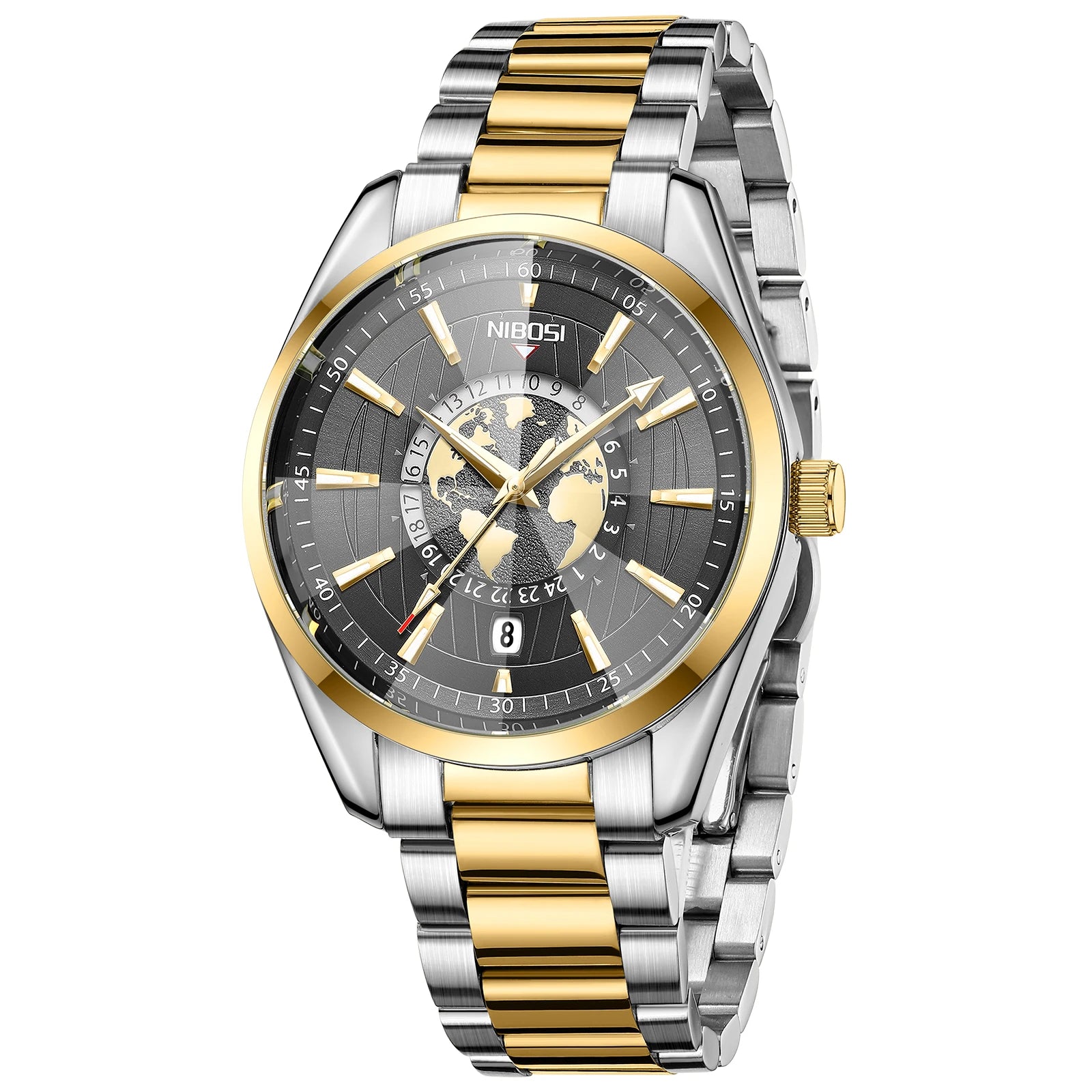 Two-tone silver and gold watch with a detailed face on a white background