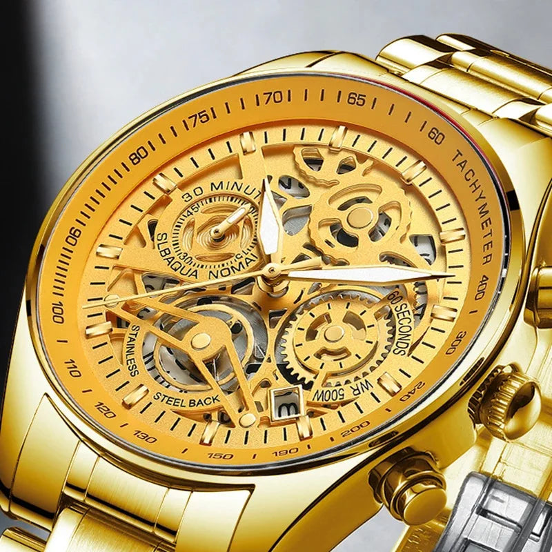 Gold wristwatch with intricate mechanical design on a light gray background