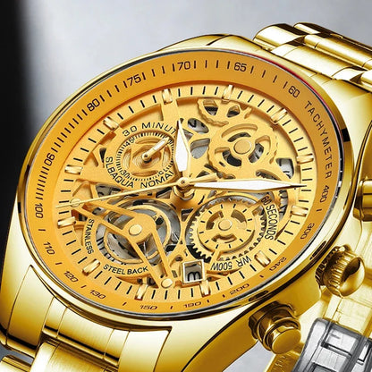 Gold wristwatch with intricate mechanical design on a light gray background