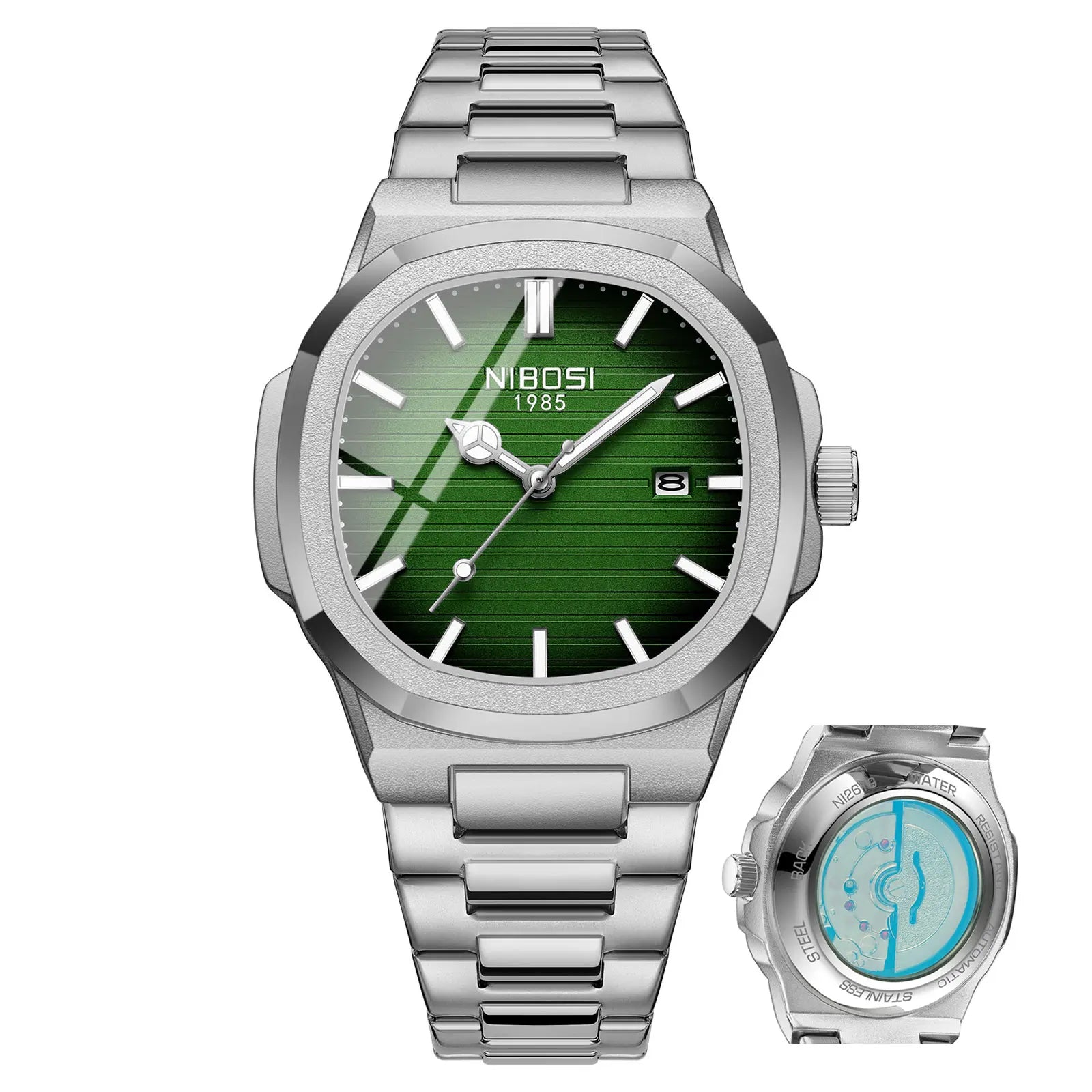 Silver watch with green face and smaller blue face on a white background