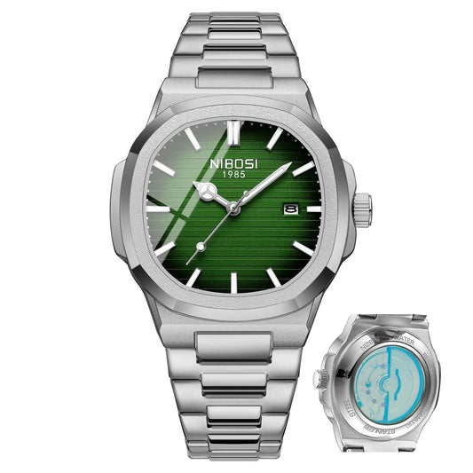 Silver watch with green face and smaller blue face on a white background