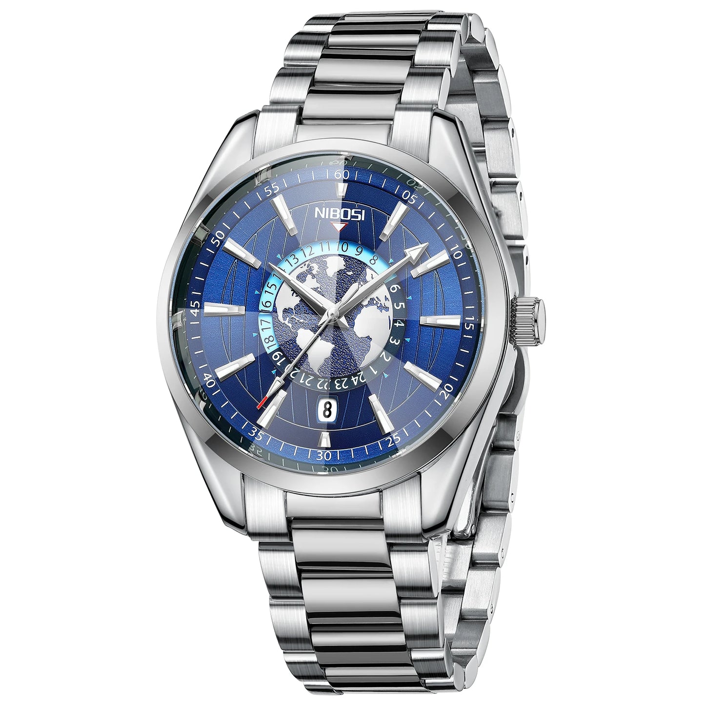 Silver watch with a blue world map face on a white background