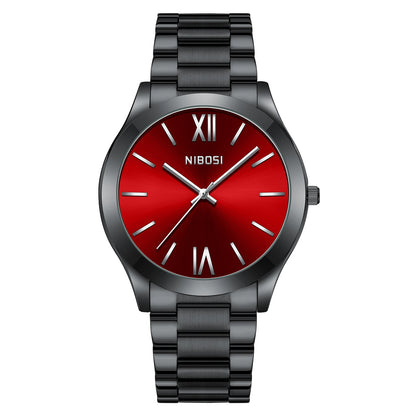 Wristwatch with red face and black metal strap on white background