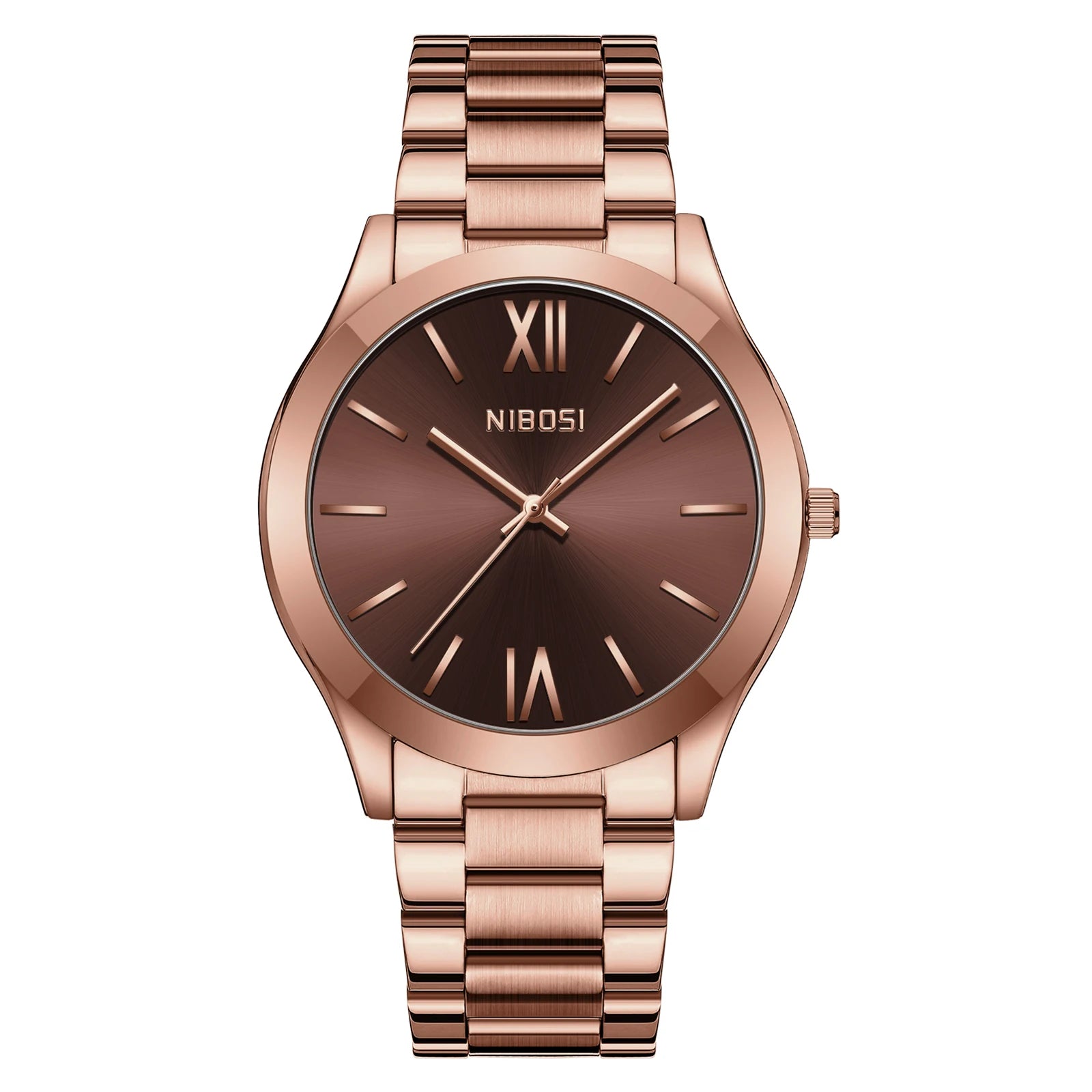 Rose gold watch with brown dial on a white background