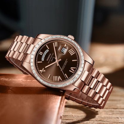 Rose gold watch with a brown dial on a wooden surface