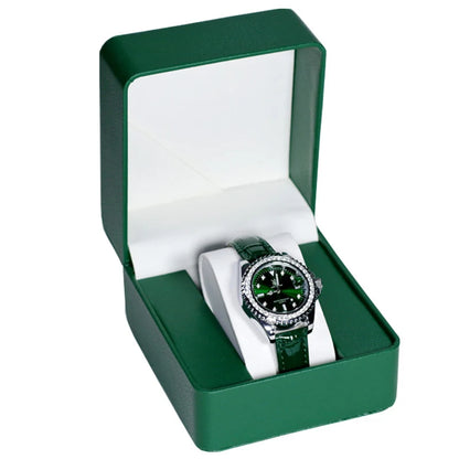 Watch with green strap and black face in a green box on a white background