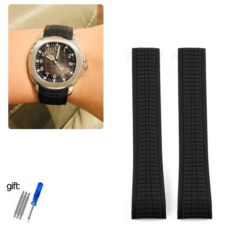 Black watch strap with tool kit on a white background