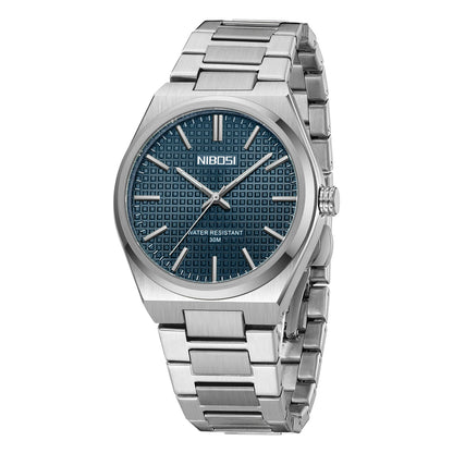 Silver watch with blue face on a white background