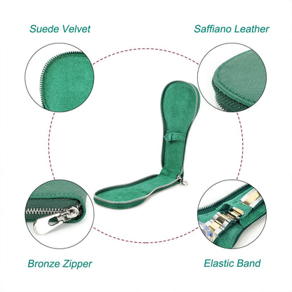 Green pouch with close-up details of suede velvet, saffiano leather, bronze zipper, and elastic band on a white background.