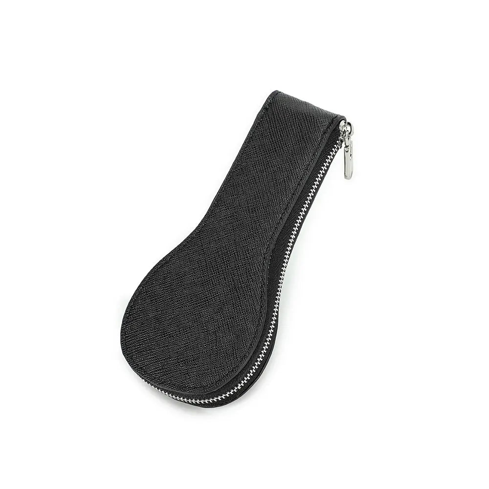 Black zippered pouch on a white background