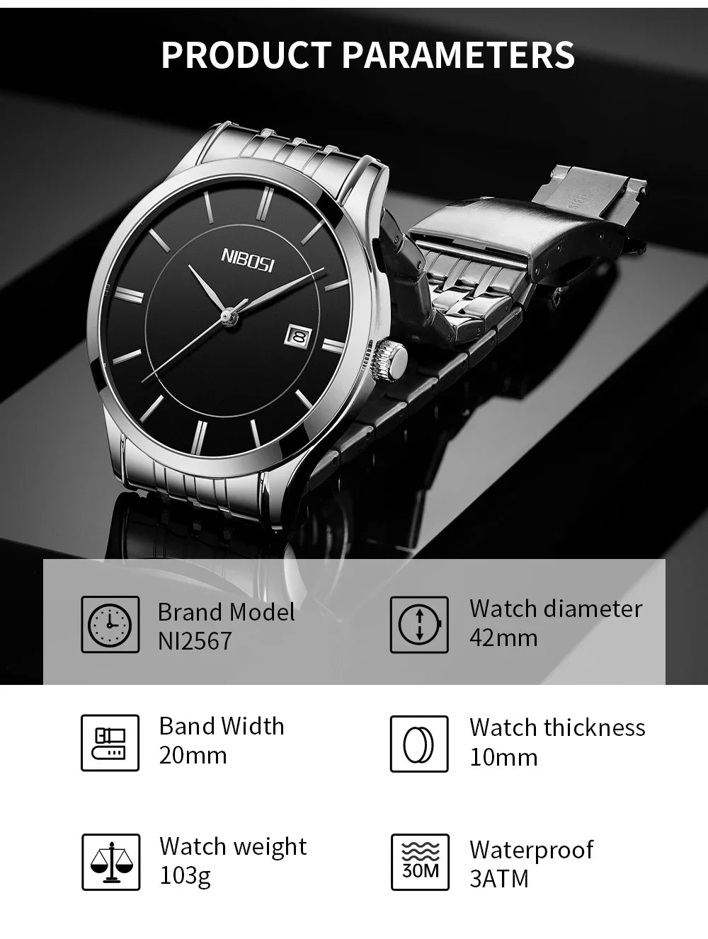 NIEBOSI watch with product parameters displayed on a dark background
