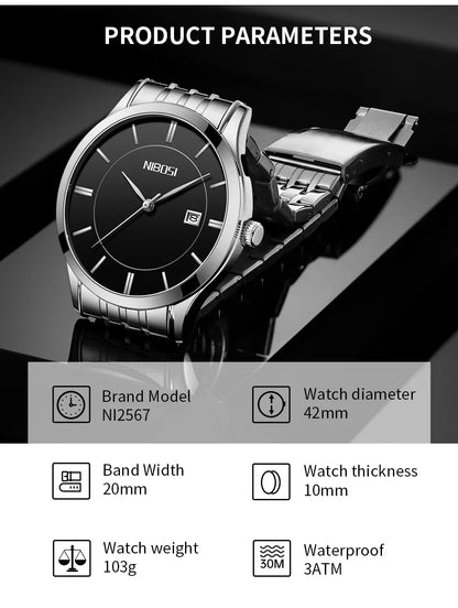NIEBOSI watch with product parameters displayed on a dark background