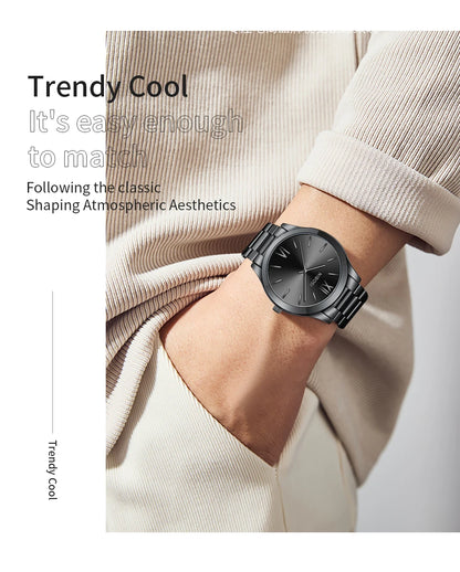 Black wristwatch on a person's wrist with text about trendy cool style.