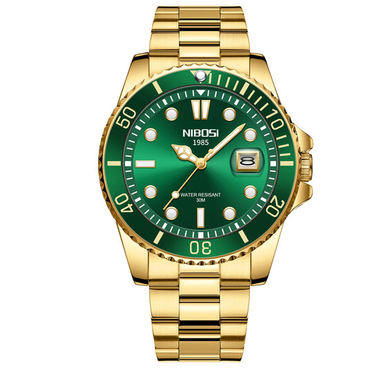 Gold watch with green dial on a white background