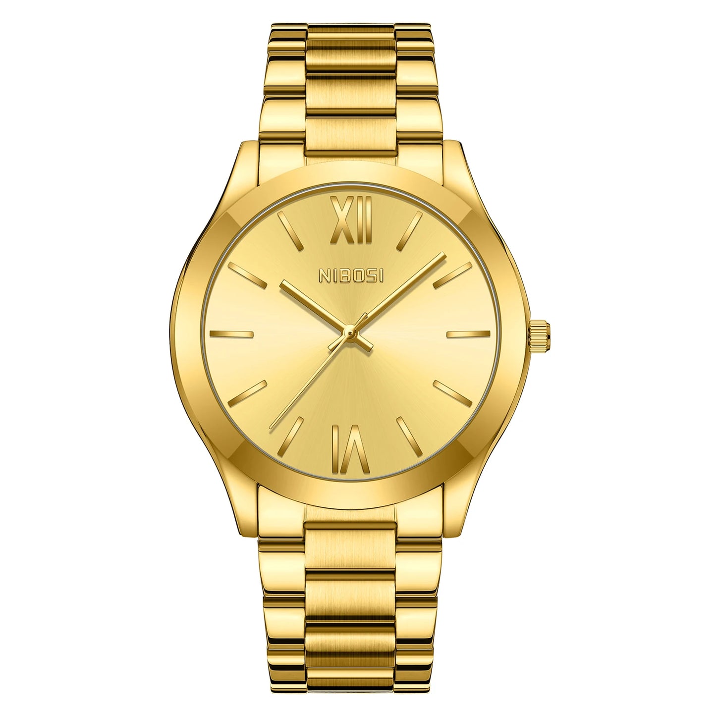 Gold watch with Roman numeral markers on a white background