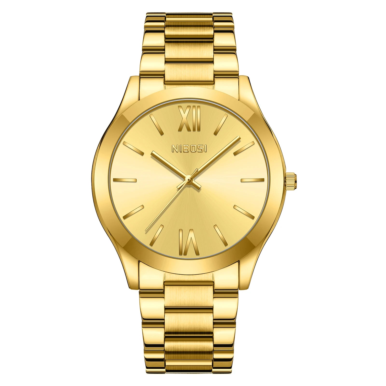 Gold watch with Roman numeral markers on a white background