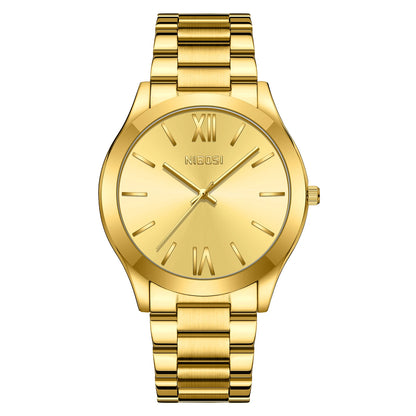Gold watch with Roman numeral markers on a white background