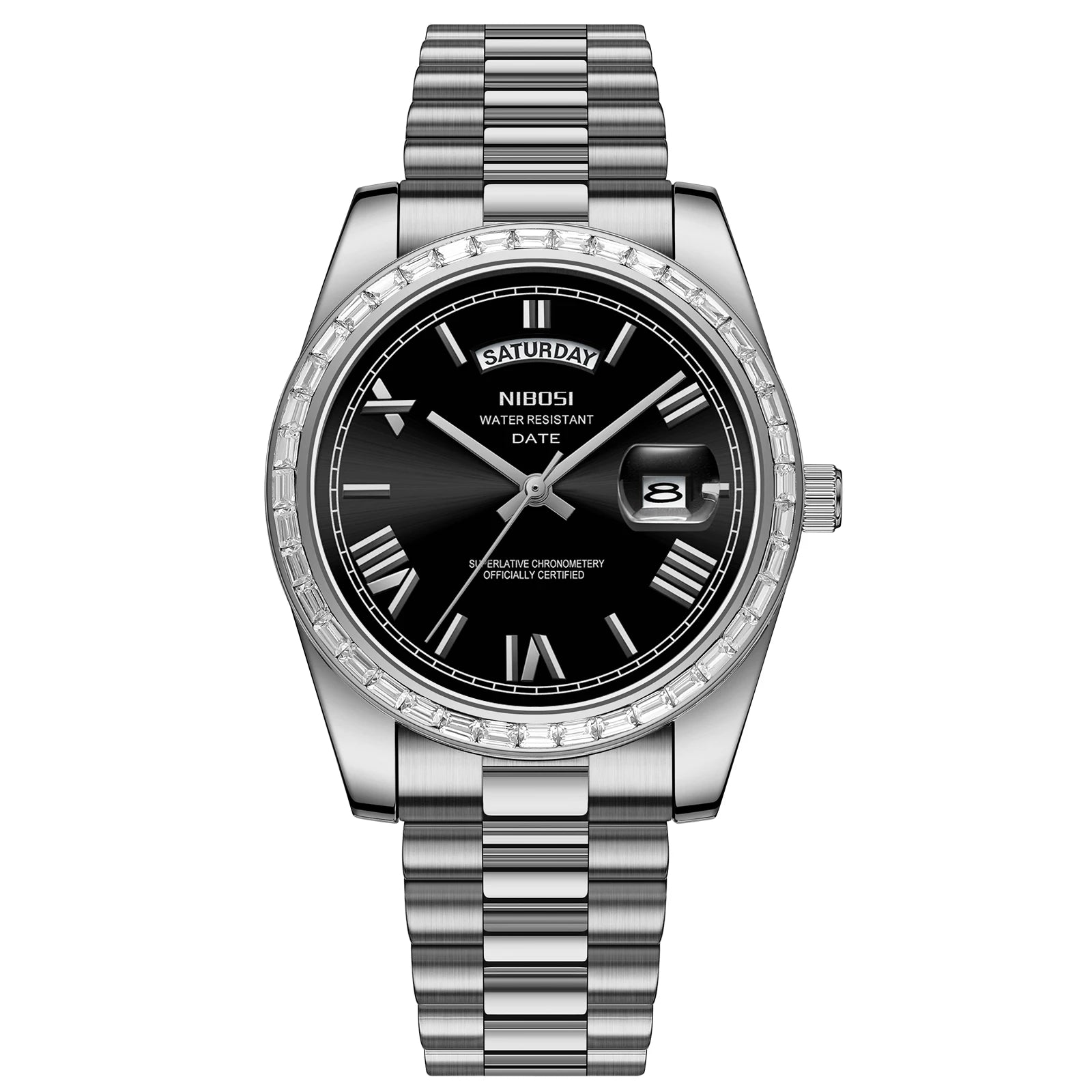 Silver wristwatch with black dial on a white background