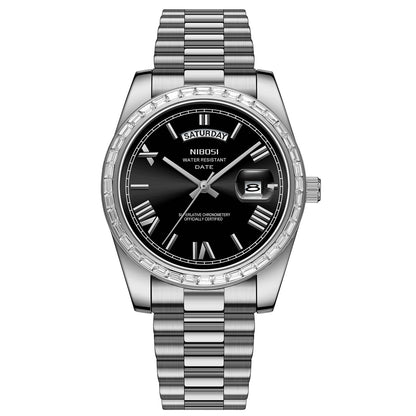Silver wristwatch with black dial on a white background