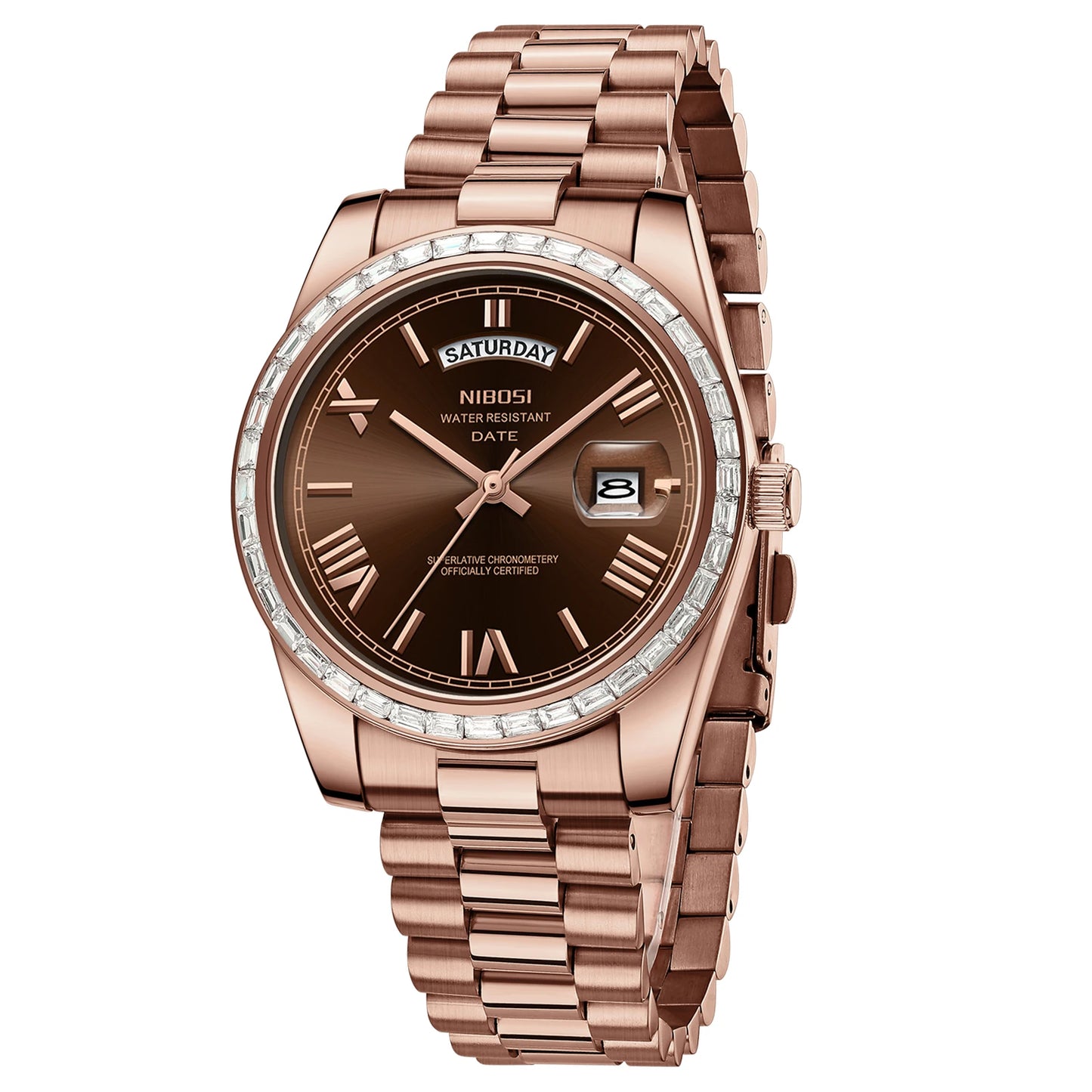 Rose gold watch with a brown dial on a white background