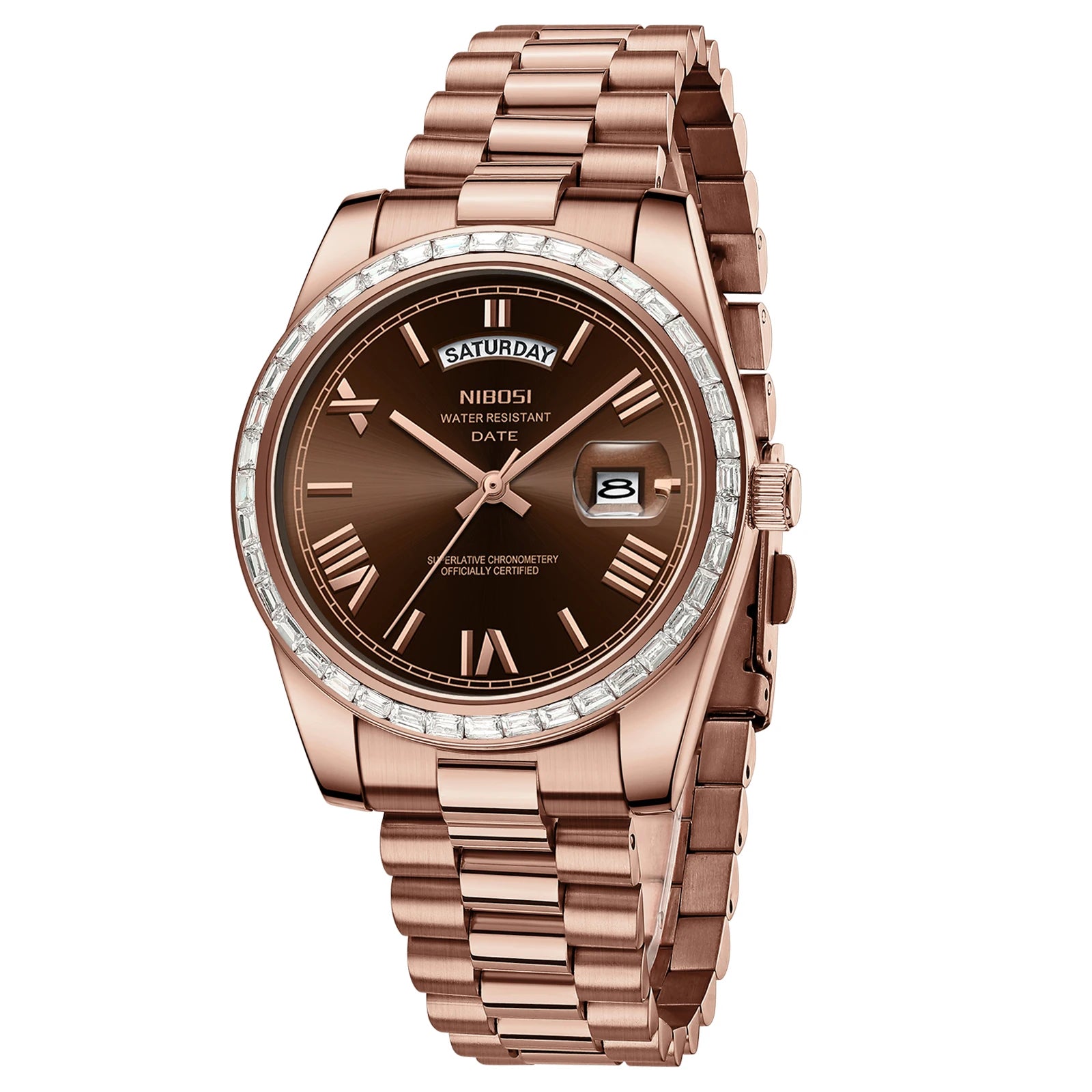 Rose gold watch with a brown dial on a white background